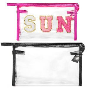 Clear Sun Makeup Bag - 2pcs Preppy Rose Red Sun Chenille Varsity Letter😛